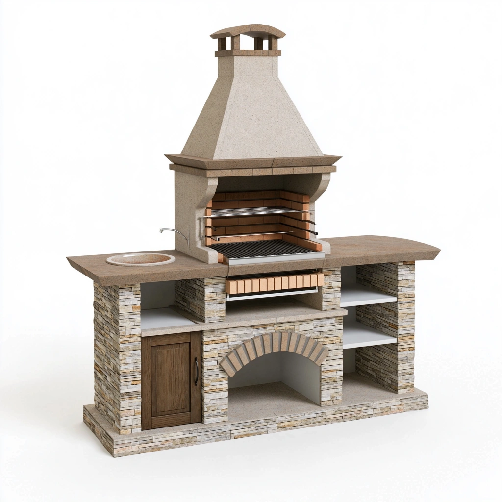 Grillkamin 220 x 70 x 230 cm aus Stein Beige mit Arbeitsplatten Außenküche