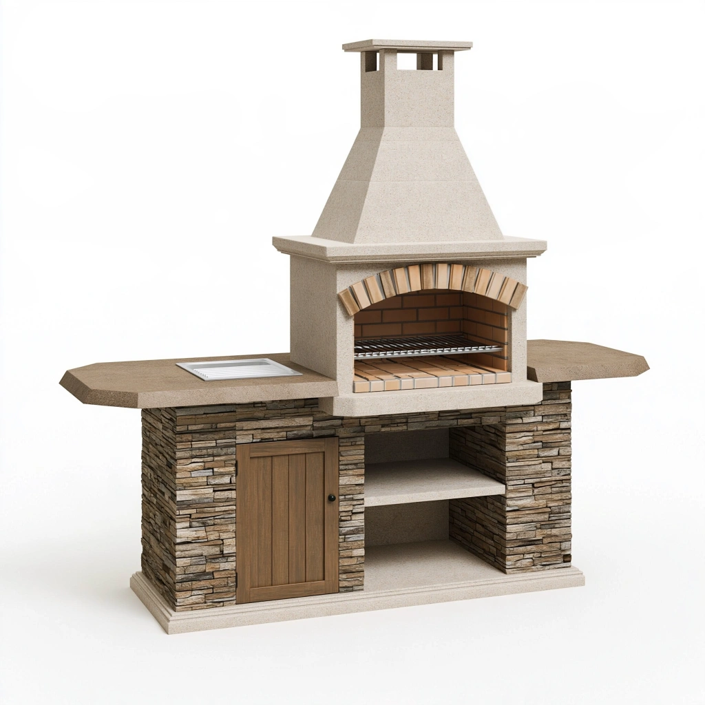 Outdoor Grillkamin 220 x 80 x 230 cm aus Stein in Beige mit Grillrost und Stauraum