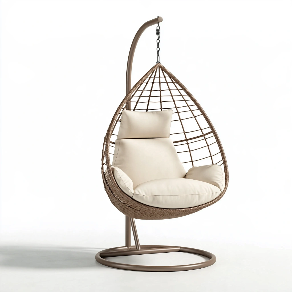 Hängesessel 105 x 105 x 195 cm aus Metall und Kunststoffgeflecht in Braun Creme mit Gestell