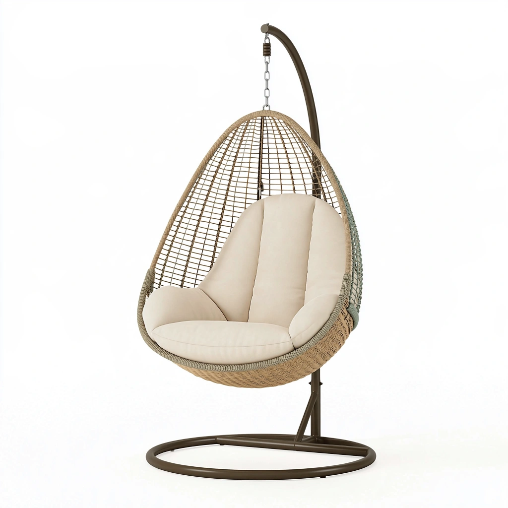 Hängesessel 105 x 105 x 200 cm aus Geflecht in Beige mit Stahlgestell für Garten und Balkon