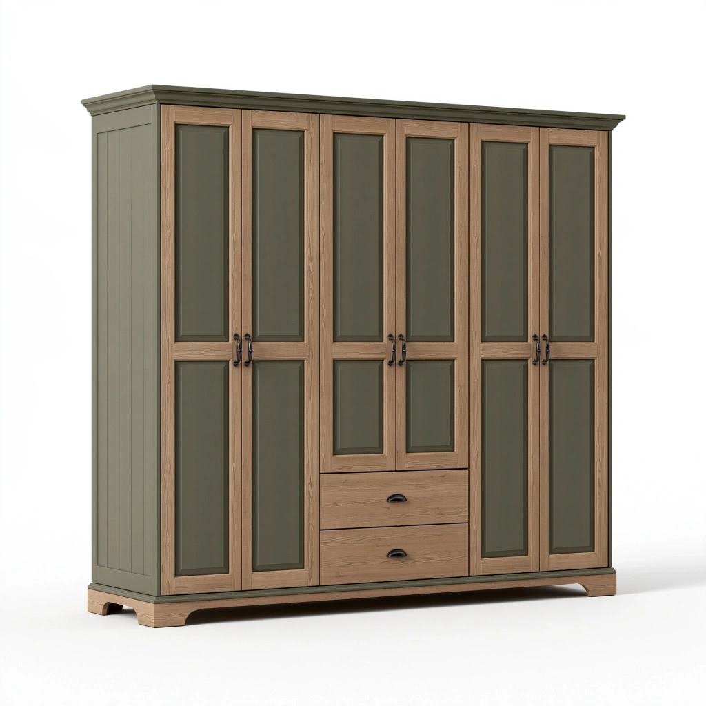 Kleiderschrank 240 x 60 x 220 cm Olivgrün Eichenholzoptik mit 6 Türen 2 Schubladen Landhausstil