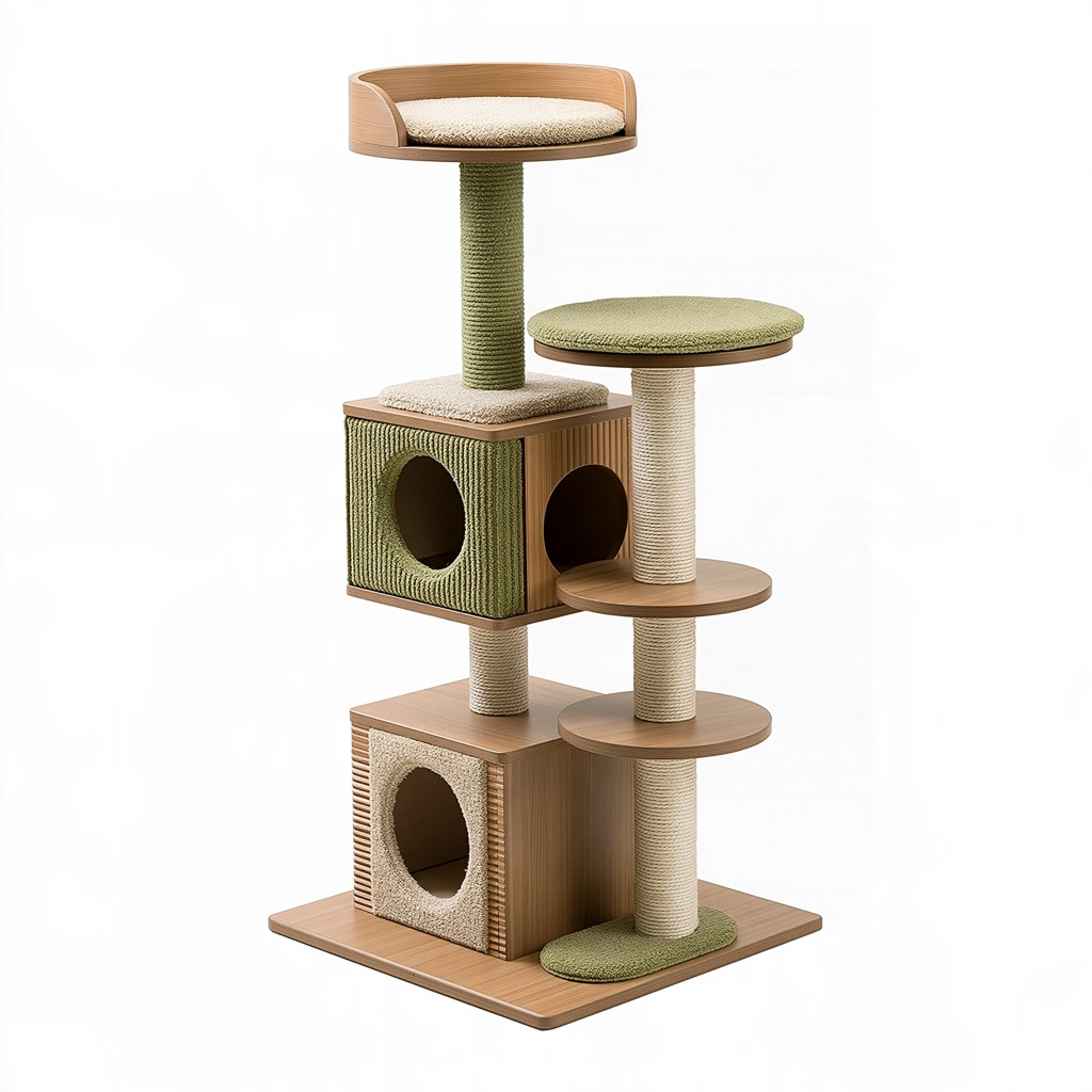 Kratzbaum 60 x 50 x 160 cm Holz Sisal Beige Grün mit Katzenhöhlen und Liegeflächen