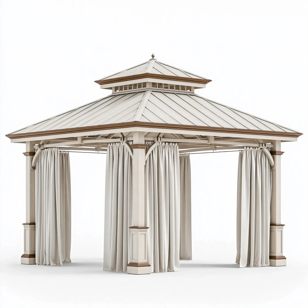 Gartenpavillon 400 x 400 x 350 cm Cremeweiß Metall Dach mit Vorhängen