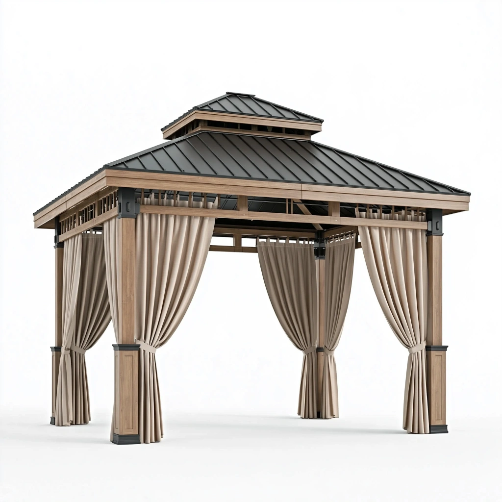 Gartenpavillon 300 x 300 x 300 cm Metall in Holzoptik Beige mit Vorhängen und Stahldach