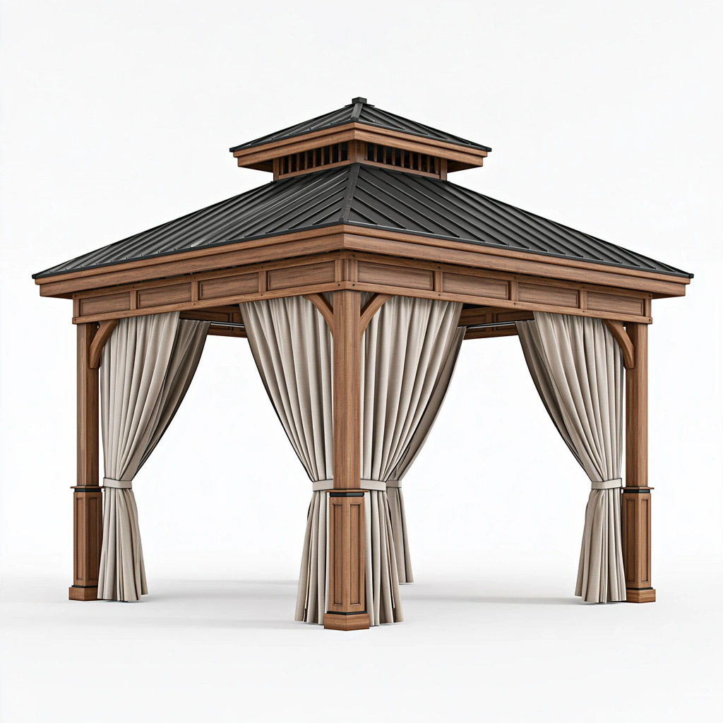Pavillon 300 x 300 x 300 cm aus Holz und Metall mit beigen Vorhängen für Garten